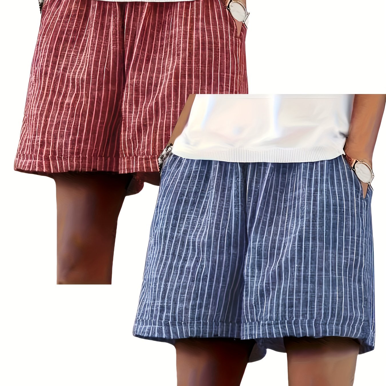 E-shop Gestreiftes Damen-Set mit Shorts und Tasche, Sommerliches zweiteiliges Freizeit-Set mit weitem Bein und elastischem Bund