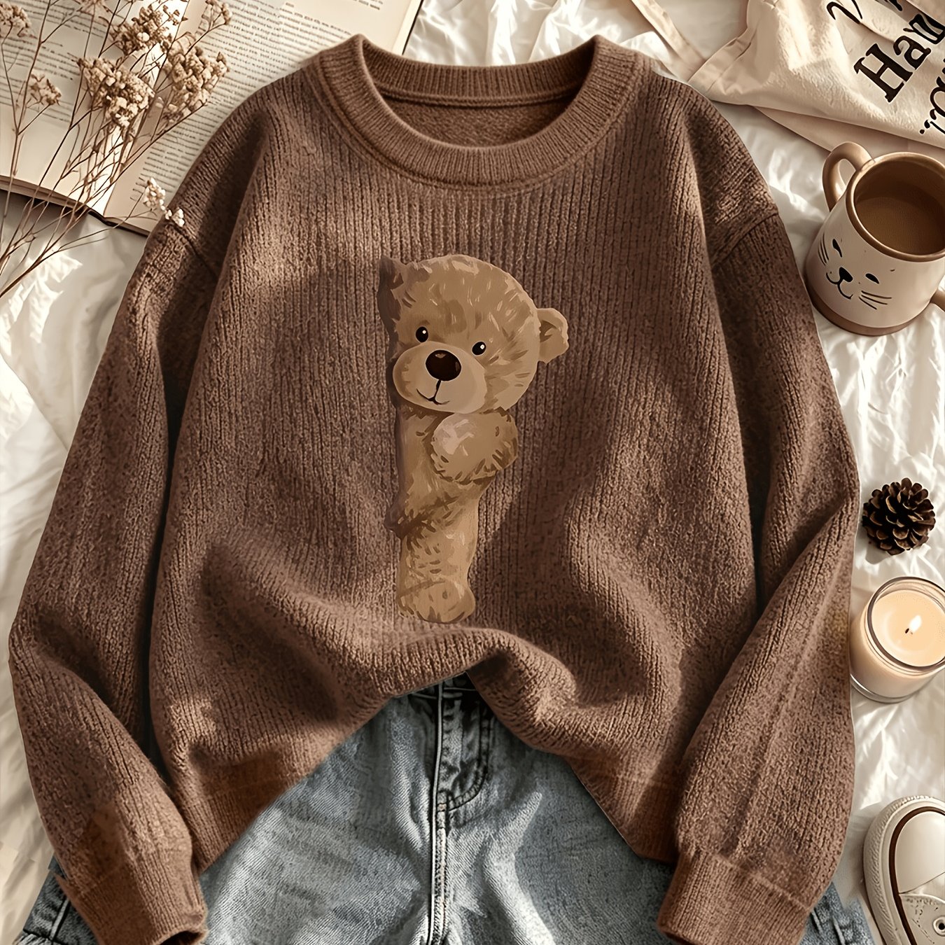 TEMU Women's Casual Round Neck Sweater, Long Bear Print 2d Flat Printing Round Neck Sweater, Autumn Winter Warm Inner Top, Worn Outside