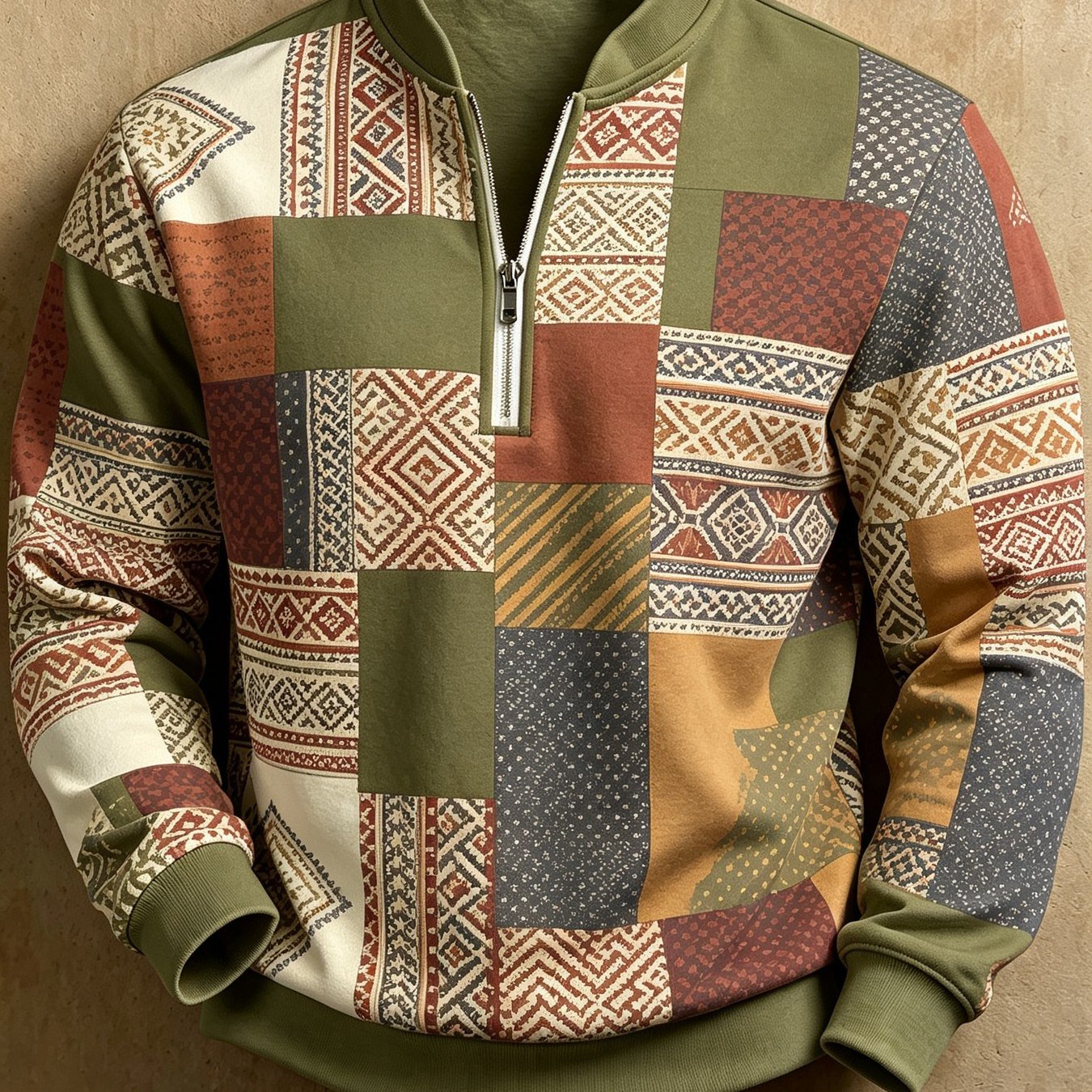 TEMU Sweatshirt Homme à Demi-Zip et Col Style Patchwork Ethnique Rétro Américain, Mode Polyvalente avec Avancée Unique, Lavable en Machine, Base Vert