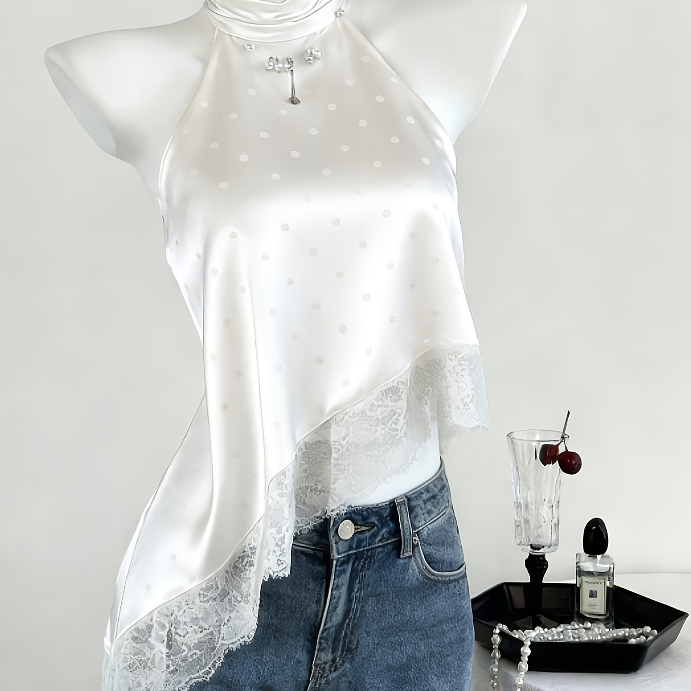 TEMU Elegant Halter Neck Asymmetric Top With Delicate Lace Trim Sleeveless Blouse Summer Wedding Guest Party Evening Wear