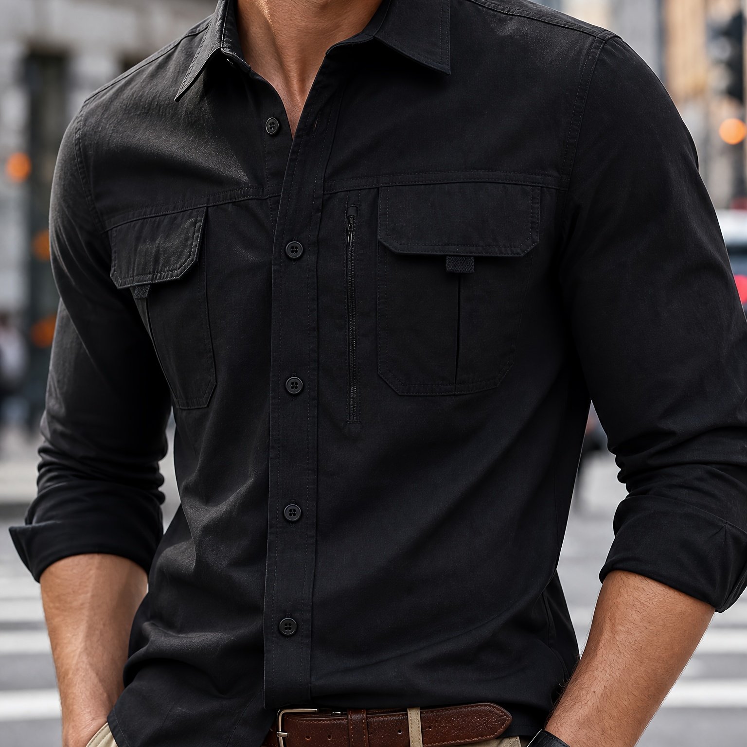 TEMU Men's Lapel Long Sleeve Work Shirt, Multi Pocket Button , Solid Color Casual Shirt, Comfortable Daily Wear Men Blouse, Versatile Top For