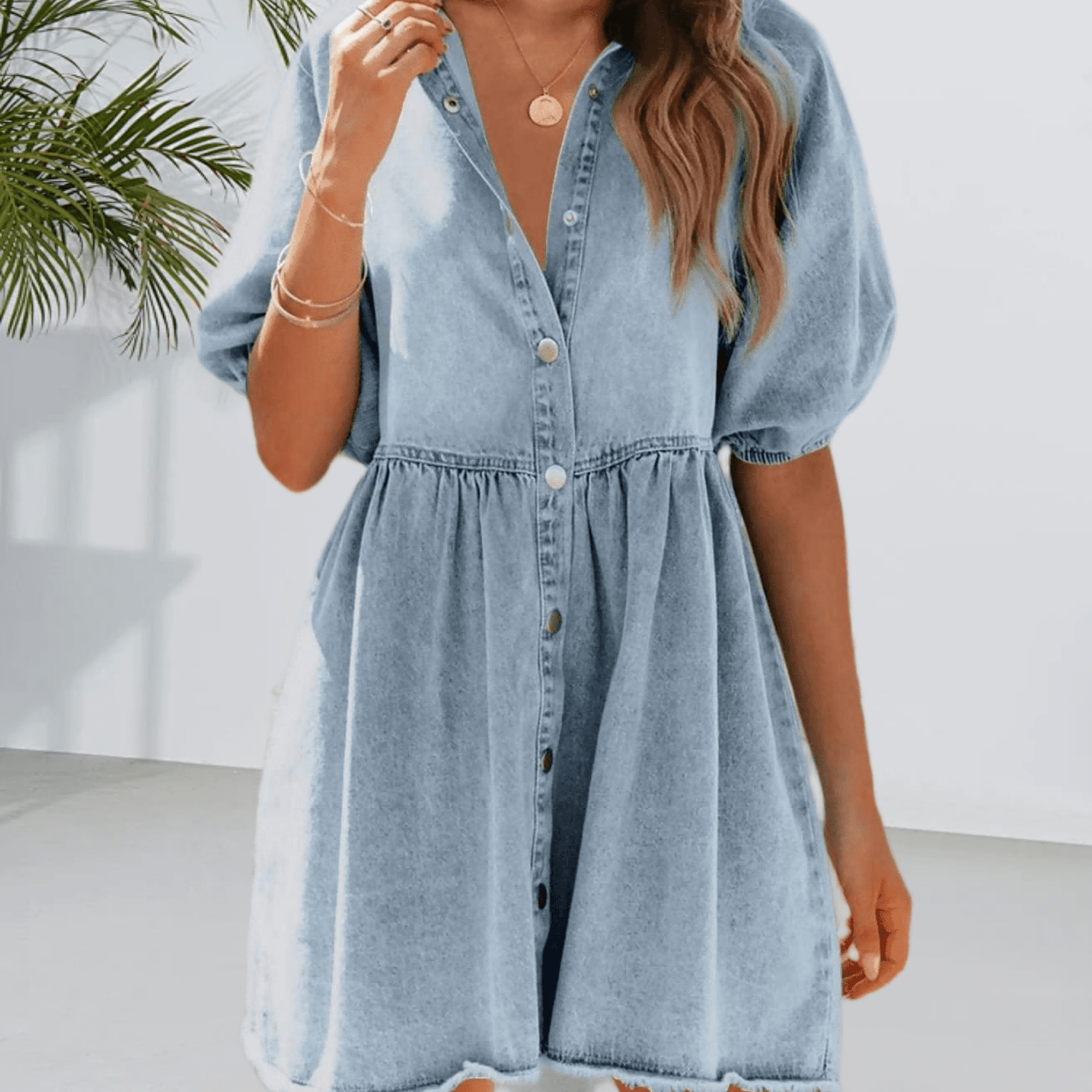 Women's Jean Denim Dress Button Puff Short Sleeve Babydoll Flowy Spring Summer