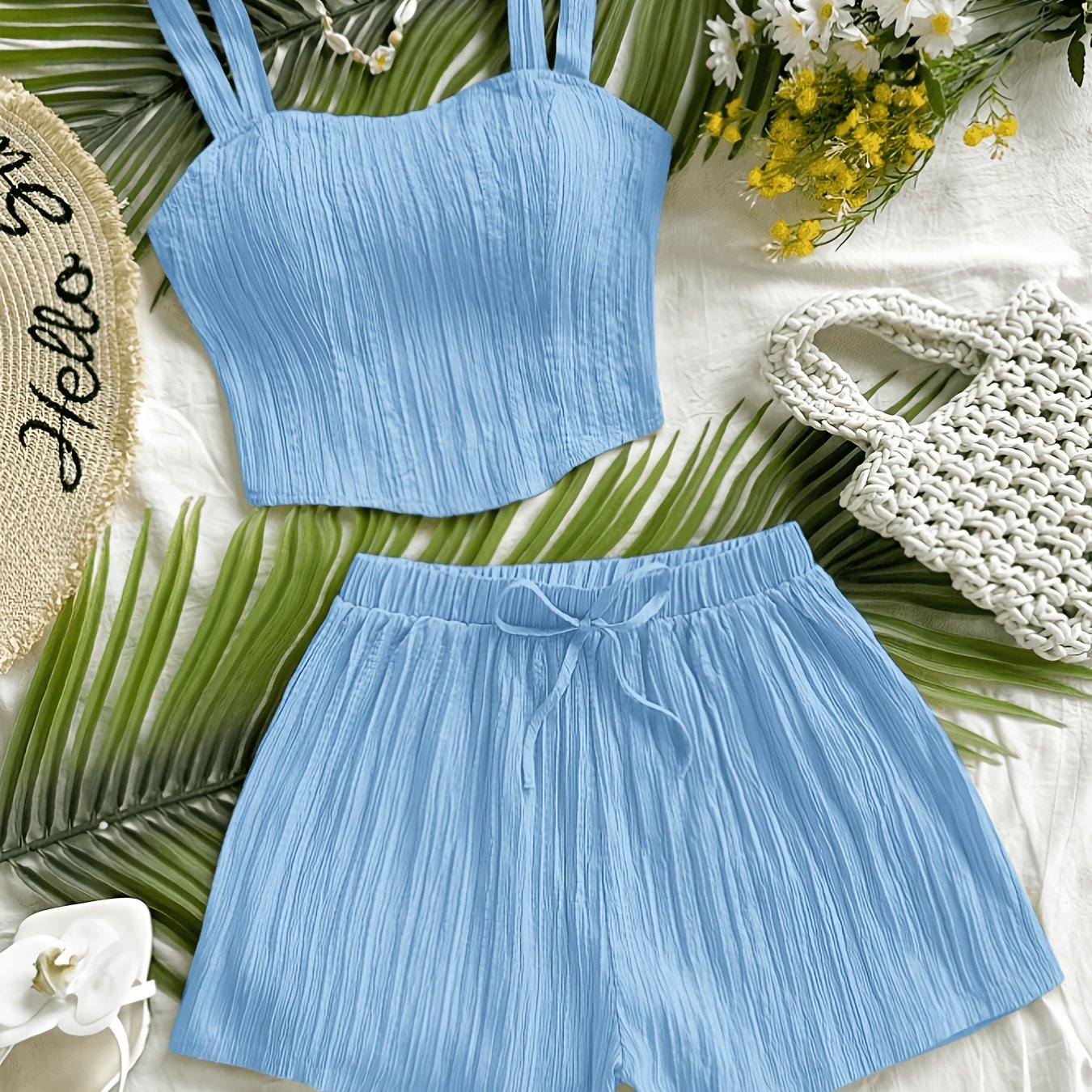 TEMU Conjunto de 2 piezas para mujer: Camiseta sin asimétrica con espalda y corte , shorts holgados con cordón ajustable, casual y versátil, ideal