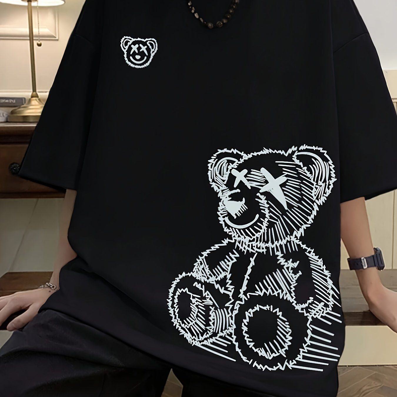 TEMU Women's Casual Cartoon Bear Graphic Tee - Soft Polyester & Blend, Crew Neck, Short , - For & Summer