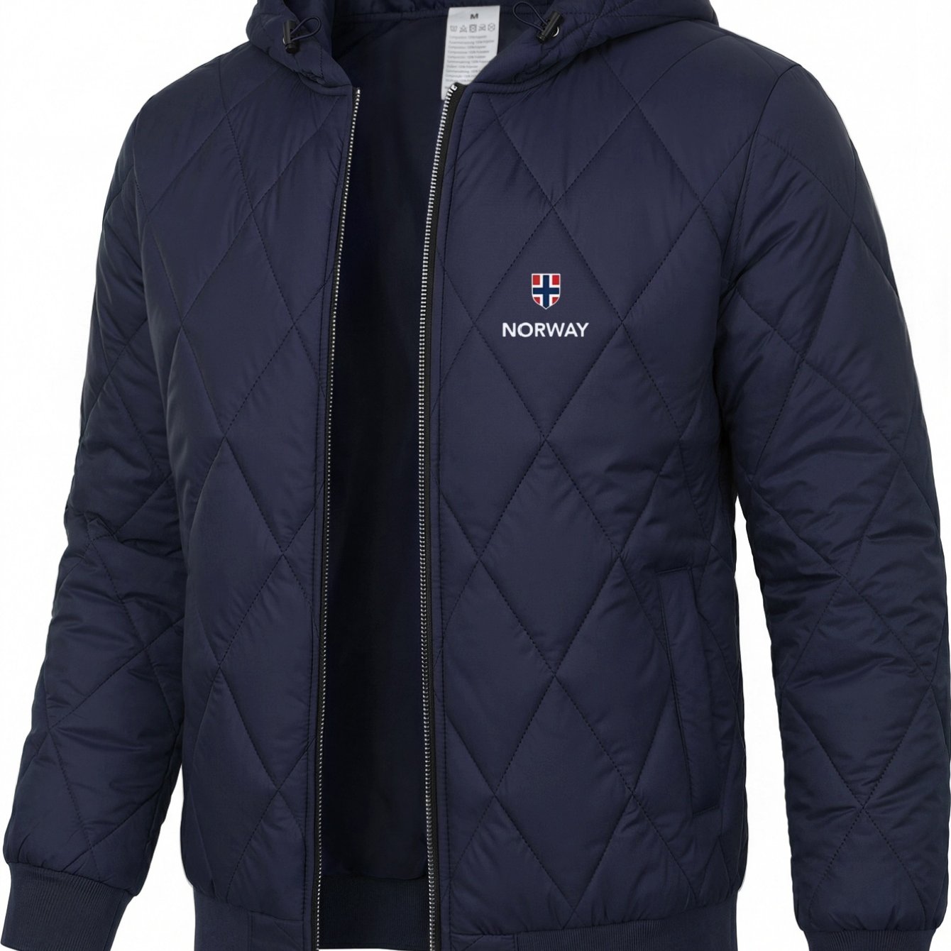 TEMU Autumn Winter Men's Norway Print Diamond Check Hooded Jacket, Outdoor Casual Lightweight Warm Coat