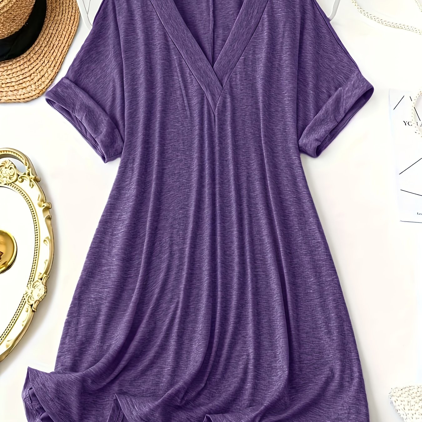 TEMU Plus Size - Plus Size - Lazy Style V-Ausschnitt Kurzarm Kleid, Entsperrt Sommerliche Freizeitmode