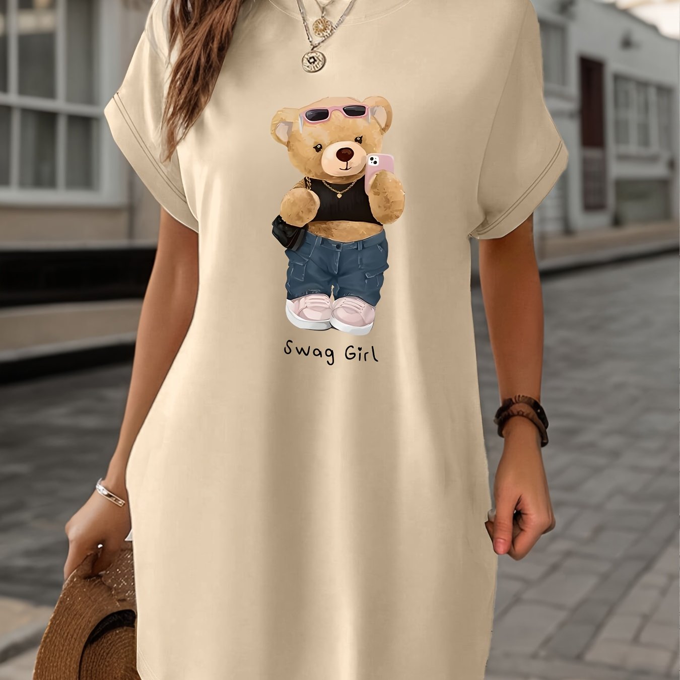 E-shop Damen Frühlings Sommer Neues Lässiges Teddybär Muster Buchstaben Print Rundhals T-Shirt Kleid, Frühlings Sommer Lässiges Kurzarm Kleid,