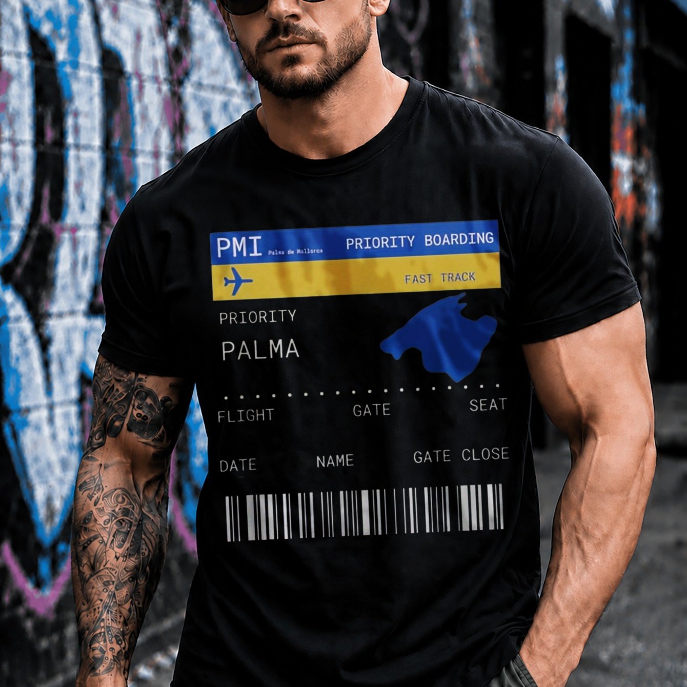 Image of Men's Pmi Palma Boarding T-shirt With Airport Barcode Boarding Pass Design - Travel Suitable For - Casual Round Neck Tee, Machine Washable Airline Luggage Identifier