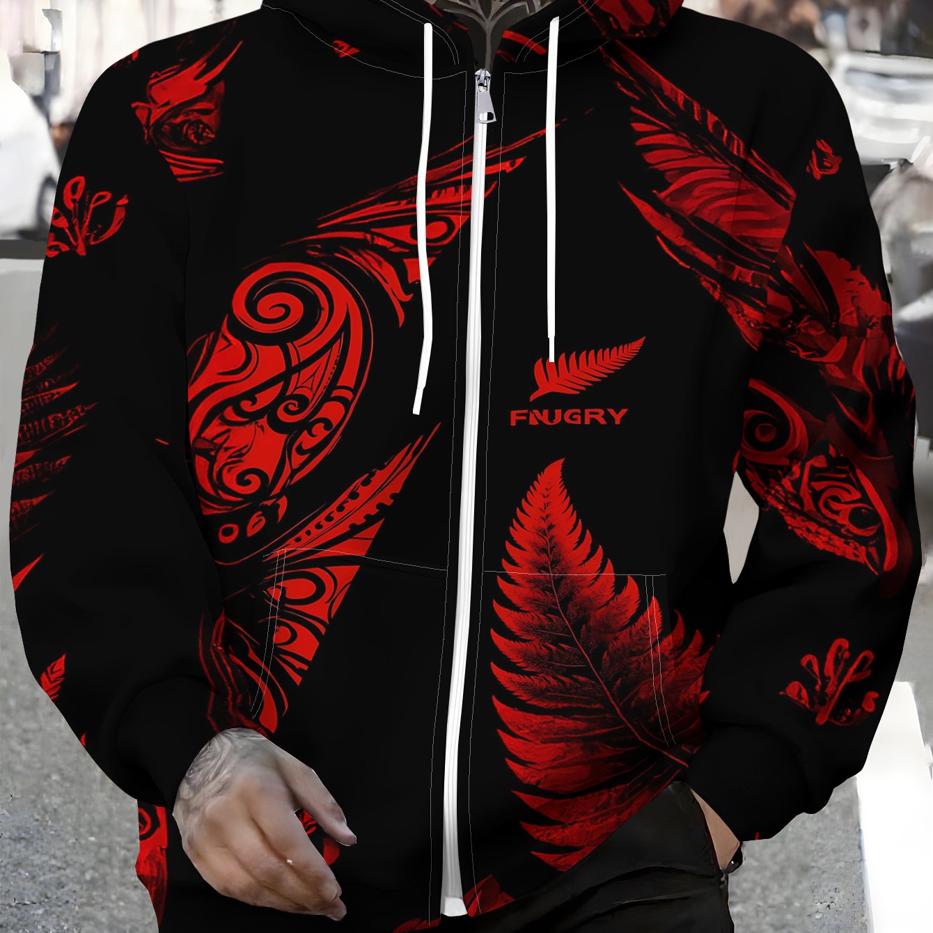 TEMU Men's Zip-up Hoodie - Casual Pullover Sweatshirt With A Hood - Features A Design Of Red Maori And Ferns, Suitable For Autumn And Winter, Machine