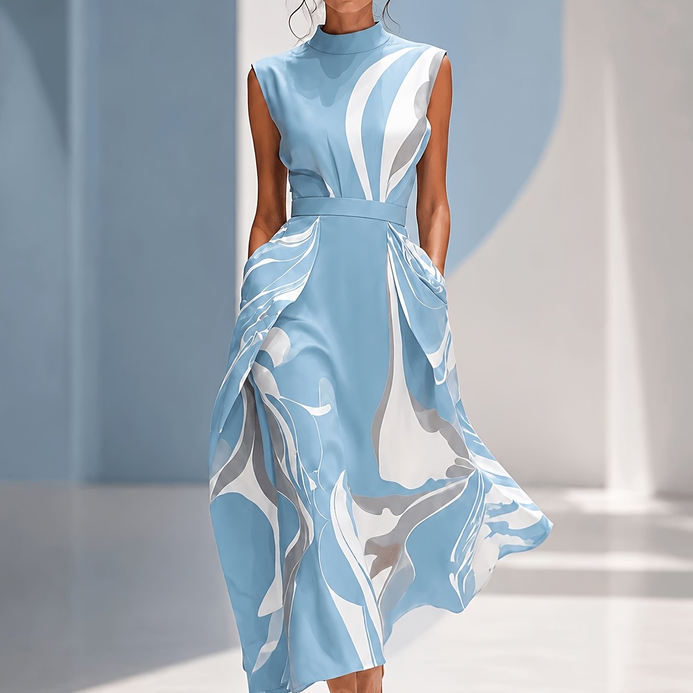 TEMU Pattern, Premium Stand Collar Sleeveless Printed Dress
