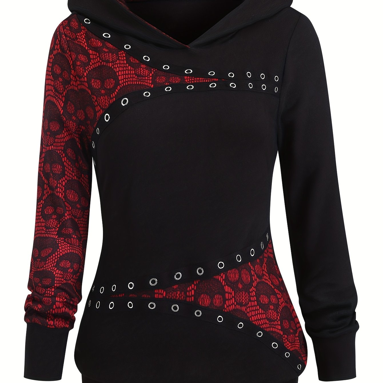 Plus Size - Plus Size - Plus Size Women's Autumn And Winter Retro Skull Lace Color Block Hooded Long Sleeve Metal Eyelet Decoration Slim Hoodie