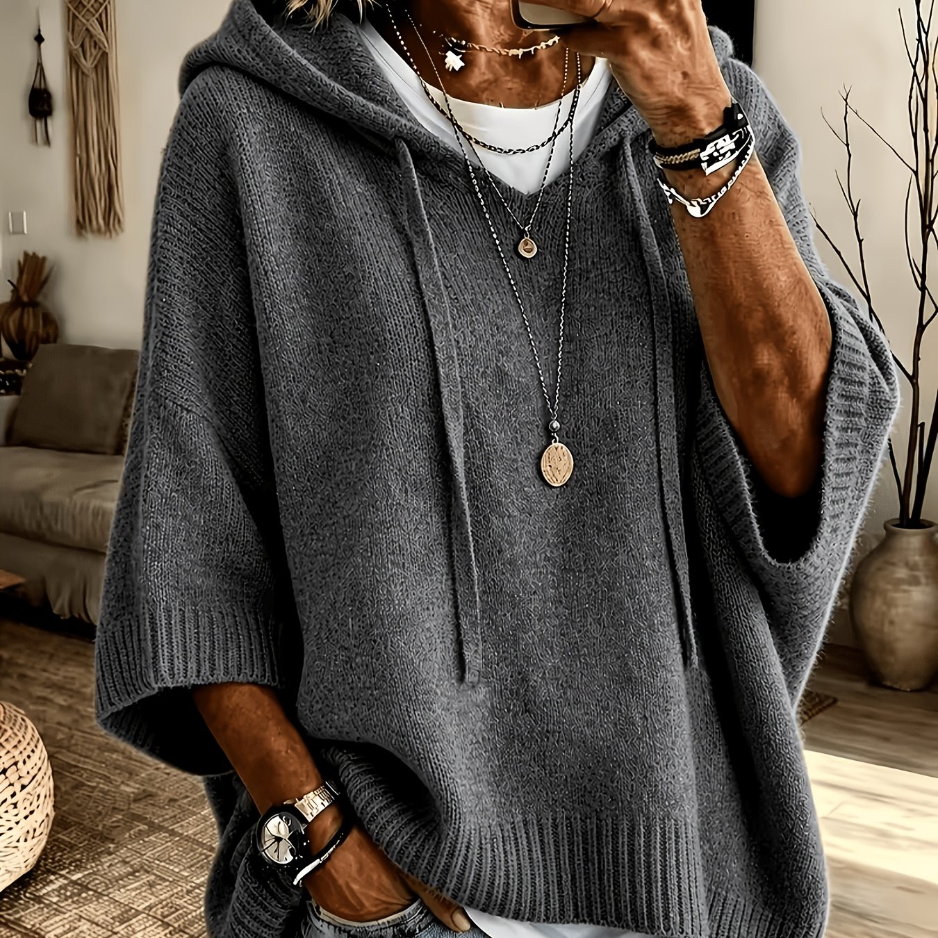Image of 2026 Women's Elegant Casual Cute Sexy Hooded Sweatshirt Cropped Batwing Sleeve Short Sleeve Mid Sleeve Cardigan Jacket Knitwear Plush Patterned Solid Warm Sweater