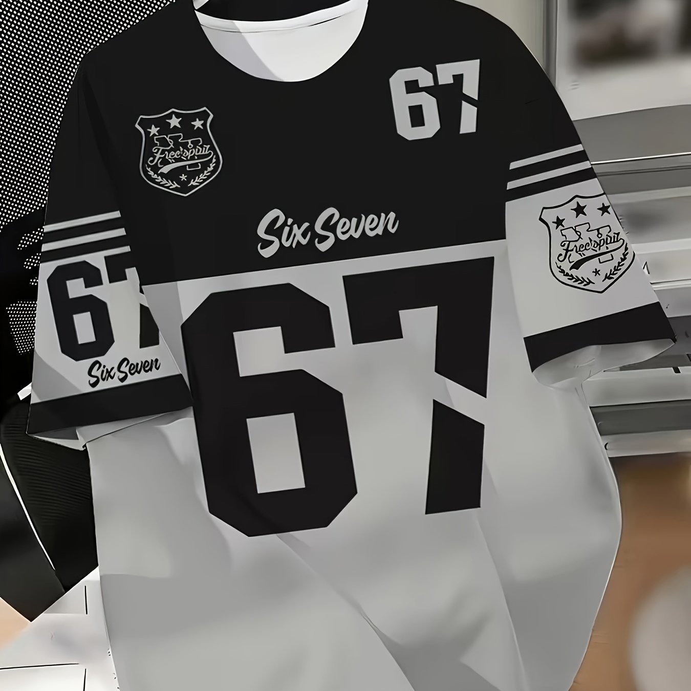 TEMU Black-gray Short Sleeve Jersey With Number 67 Print, Men's Shirt Suitable For Commuting, Casual And Athletic Wear
