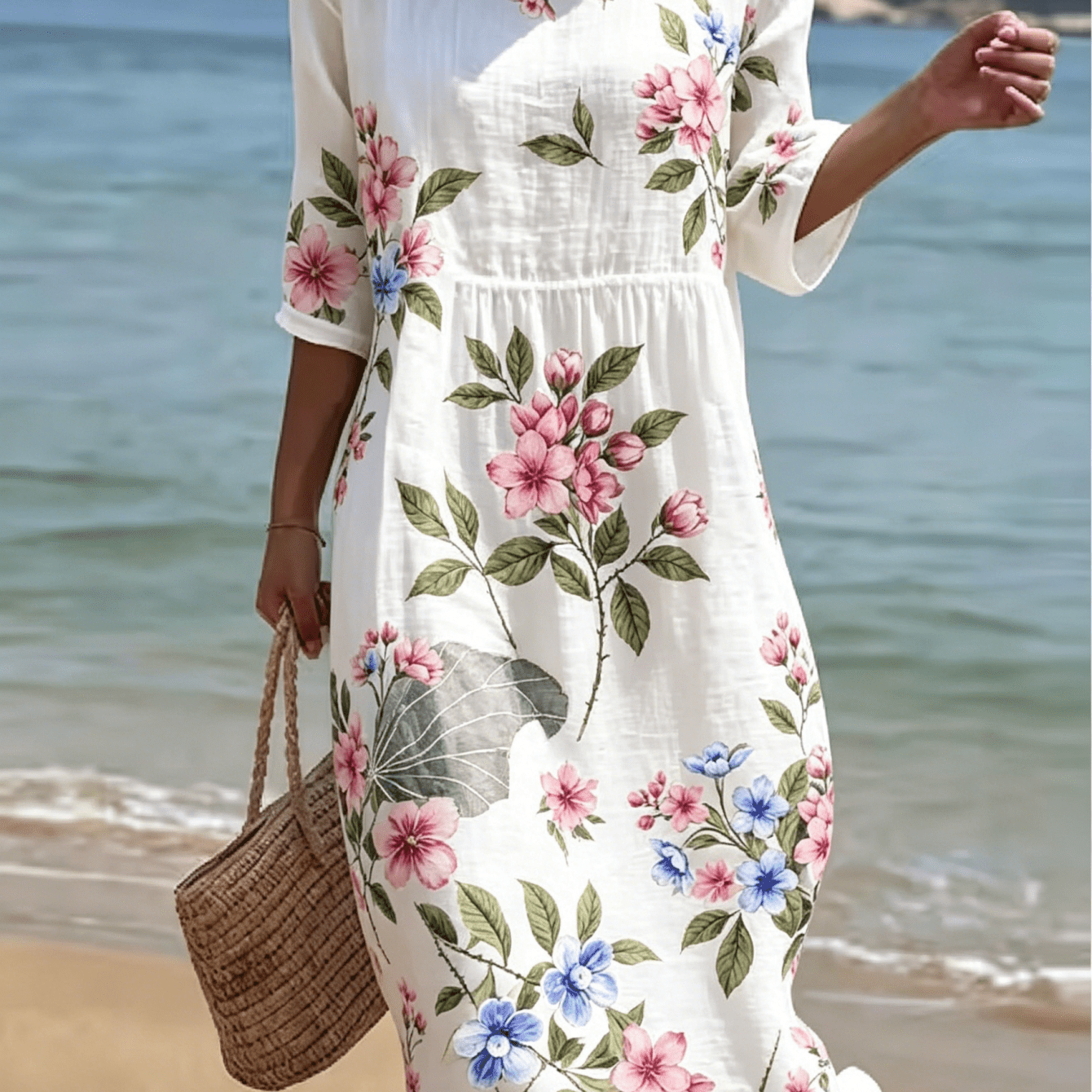 Women's Pink Cherry & Blue Flower Print Midi Dress, Casual Crew Neck 3/4 Sleeve Fiber Fabric Dress, Watercolor Floral & Lotus Leaf Print, Loose Swing Dress For