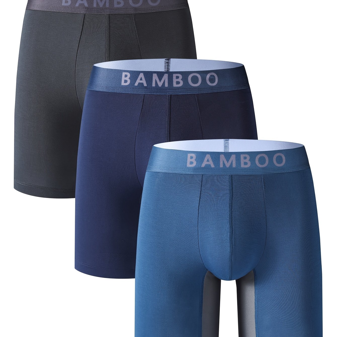 E-shop 3er-Set Herren-Bambusfaser Boxershorts - Weich, Atmungsaktiv und Bequem, in Schwarz, Marineblau und Dunkelblau mit "BAMBOO"-Markierung, Lässiger