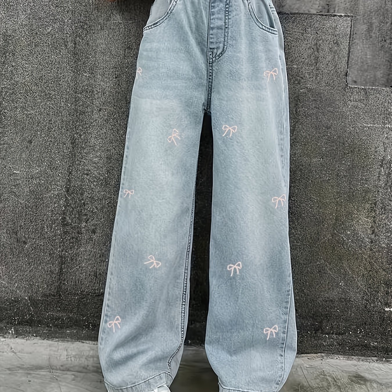 Image of Girl's Bow Embroidered Four-season Denim Pants Blend Wide-leg Comfortable Pocketless Jeans, Perfect For Outdoor, Autumn Essentials