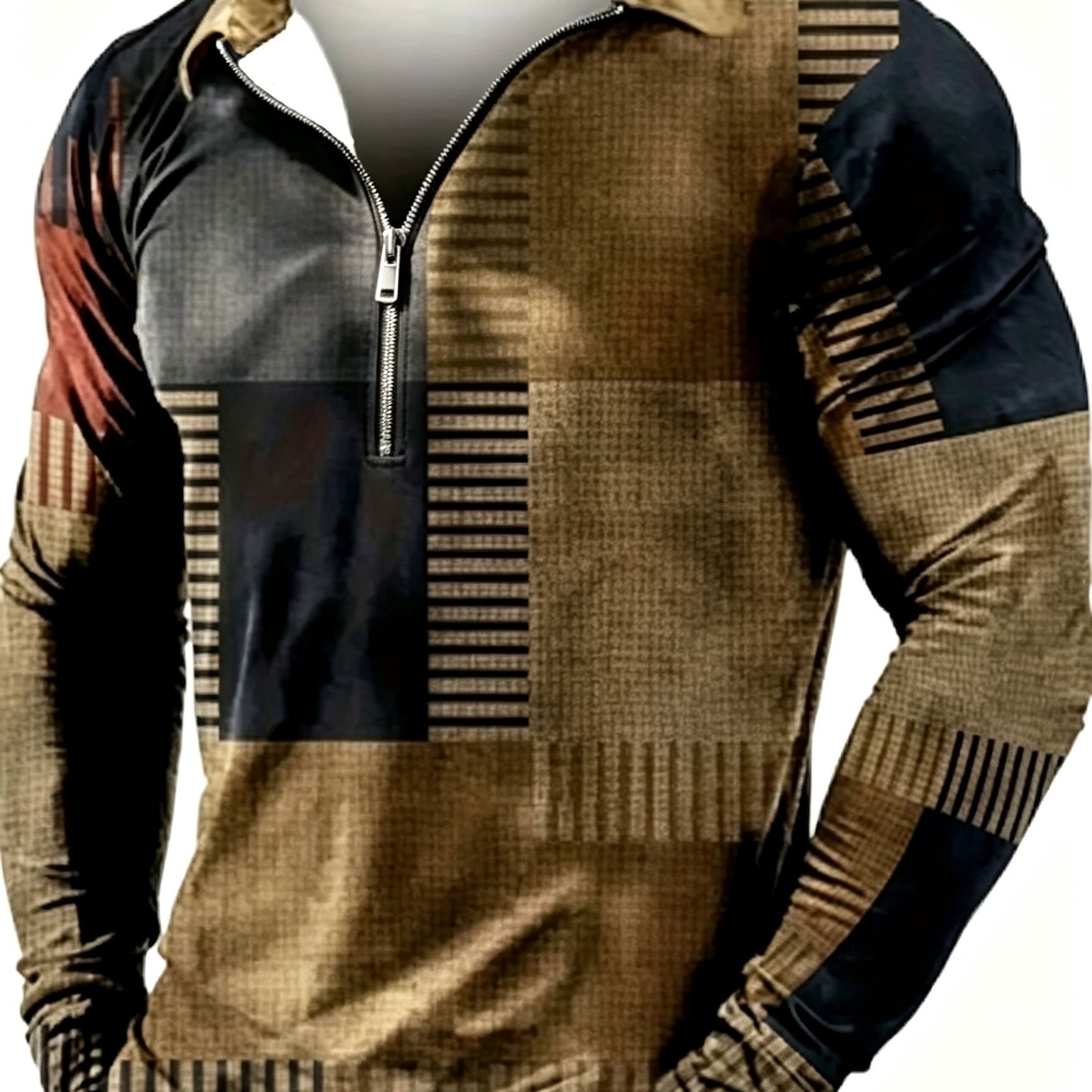 Image of Spring And Autumn Long Sleeved Lapel Zipper Casual Geometric Print Pattern, Suitable For Outdoor And Sports