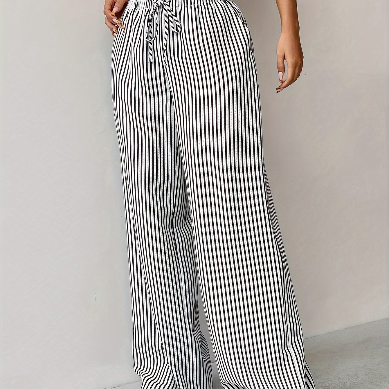 TEMU Women's Casual Striped Wide Leg Pants, 95% Polyester 5% Elastane, Drawstring Waist, Long Length, Woven Fabric, Loose Fit For Spring/fall