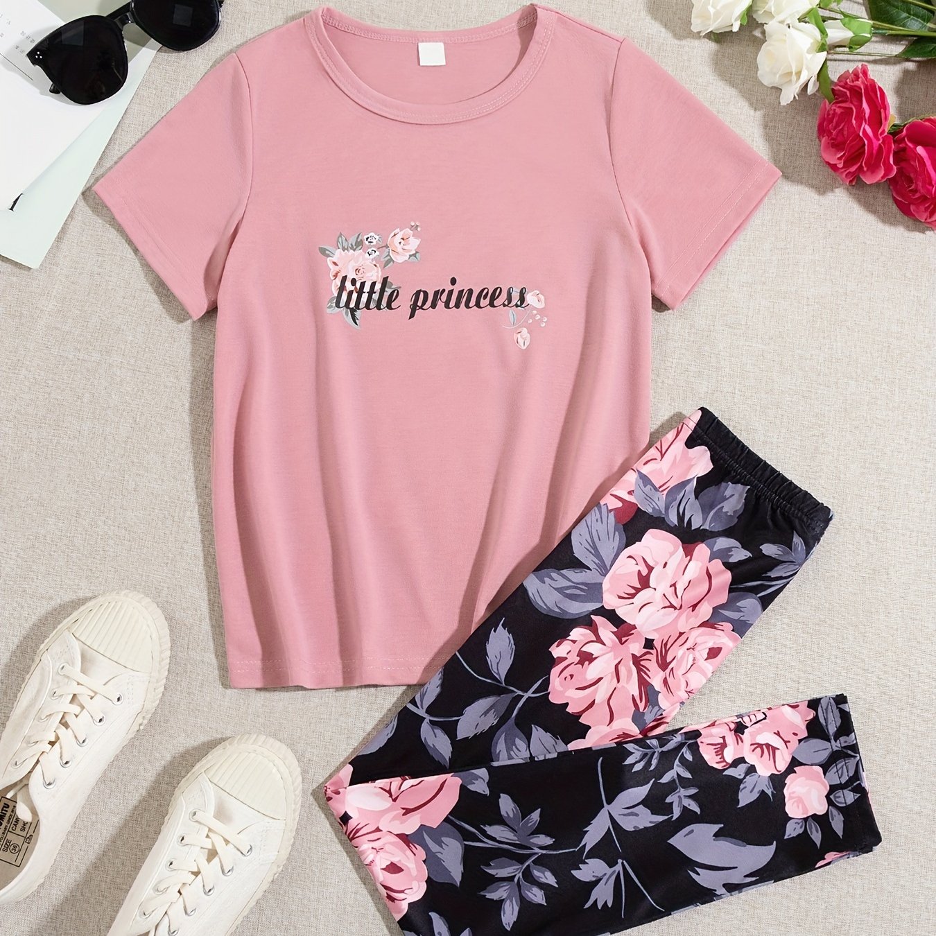 Image of Girls' Summer Of 2 Pieces, Fashionable Simple T-shirt + Elastic Comfortable Floral Pants, Perfect For Outdoor