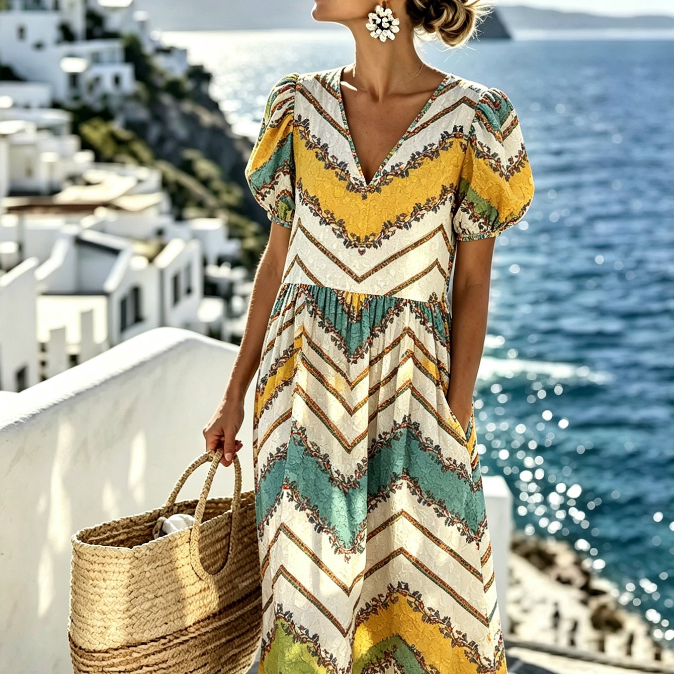 Image of Women's V Neck Dress, Summer Colorful Chevron Print, Waist-cinched Midi Length, , Puff Sleeve & Concealing With Pockets, Perfect For Beach Vacation, Daily And Traveling, Breathable Fabric You C