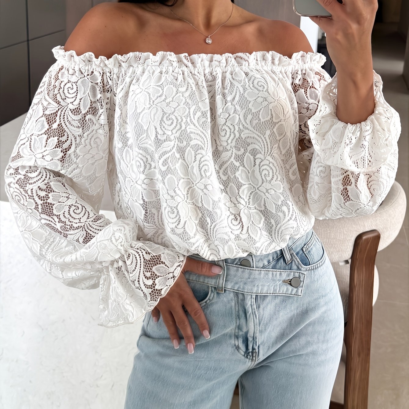 TEMU Women's Elegant Off-the-shoulder Long Sleeve Blouse With Hollow-out Lace, Cuffs, Elastic Neckline, And Stretchy Hem, Beautiful Women's Shirt