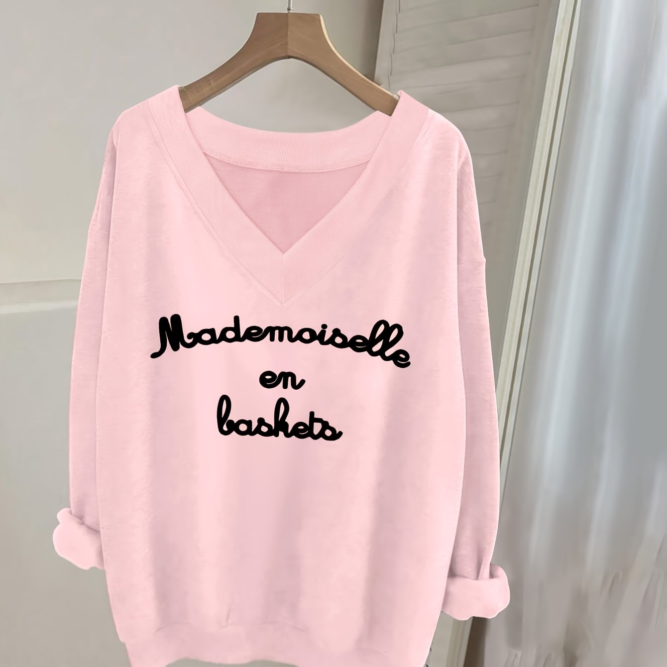 TEMU 0913 Wild Ai, A Casual V-neck Long-sleeve Sweatshirt With Letter Print, Women's Clothing