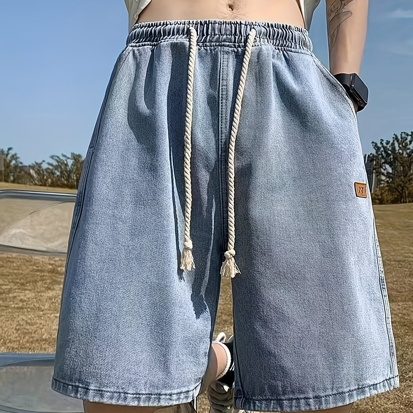 TEMU Gengyuan Washed Denim Shorts Men's Summer Slim Fit Style Loose Straight-leg Joggers