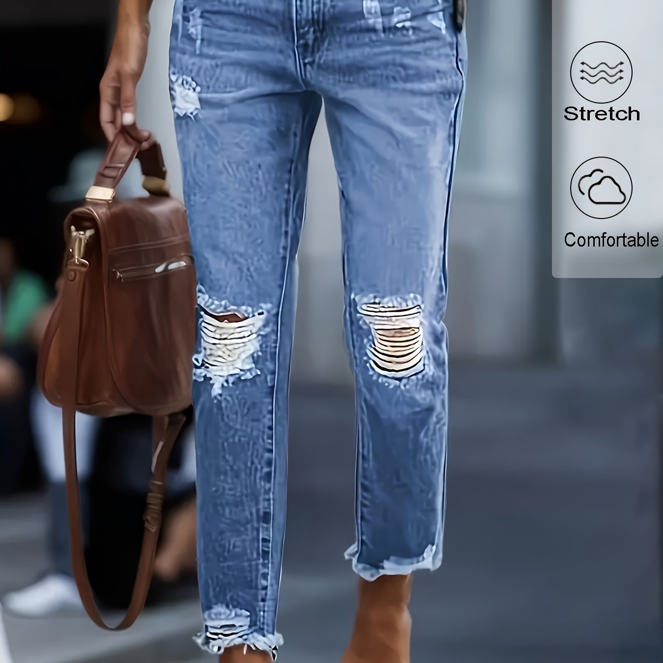 Image of Women's Elastic Fabric Mid-waist Straight-leg Casual Pants. Comfortable Cut, Suitable For . Fashionable Ripped Design, Distressed Front Pockets, And Frayed Hem Detailing. Blue Washed Denim Trousers