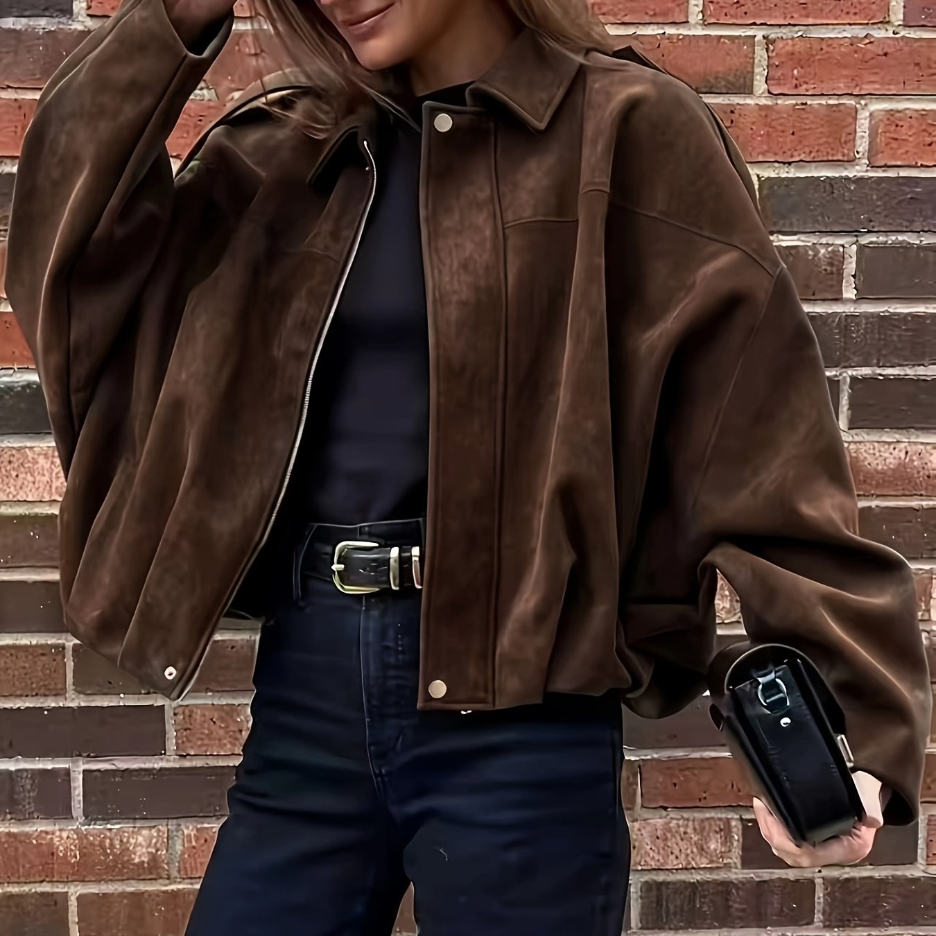 TEMU Women's Fashion Comfortable Loose Jacket = Women's Retro Lapel Button Zipper Style Lazy Style Autumn Outerwear