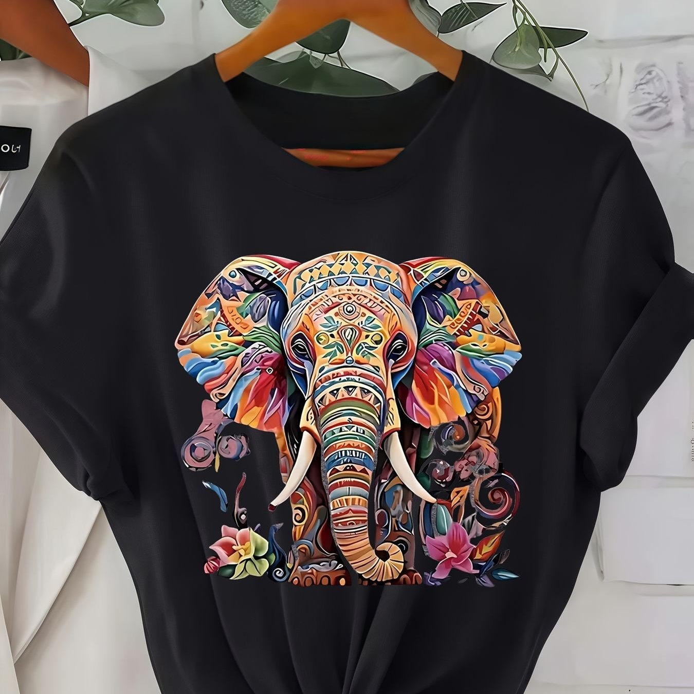 TEMU Plus Size Vibrant Colorful Elephant Graphic Black Stylish Knot Detail Intricate Floral Designs Casual And Unique For And Trendsetters - Unisex