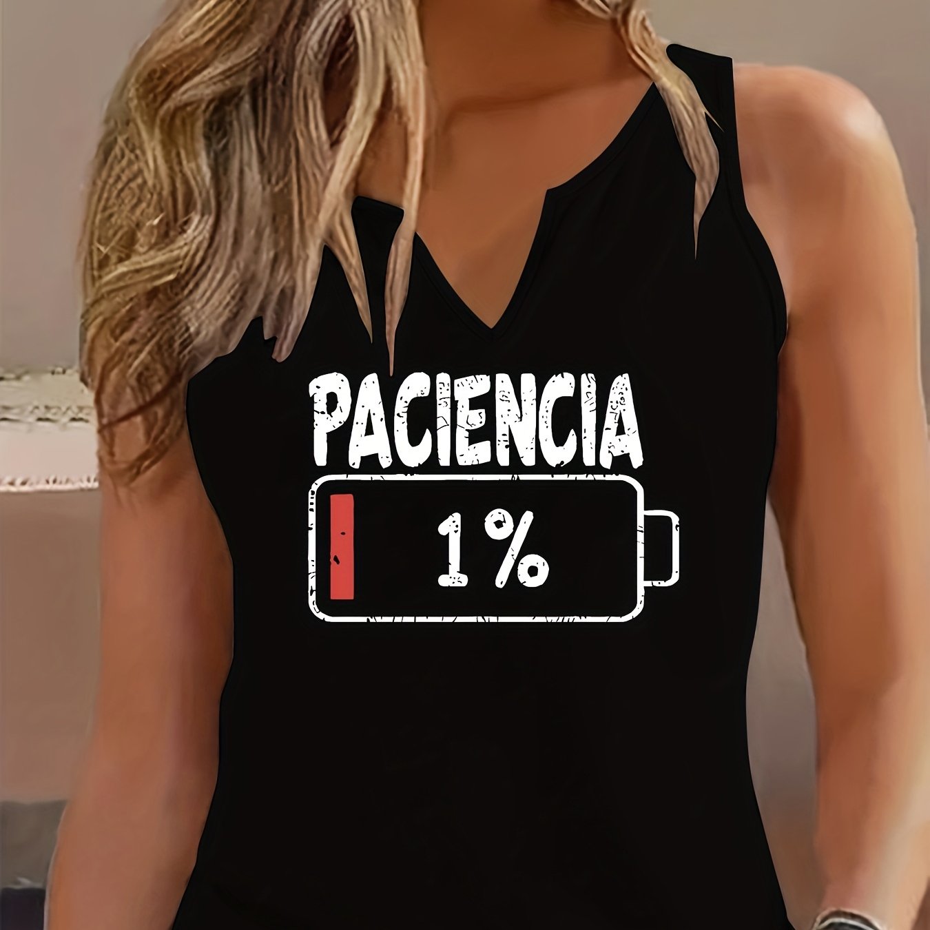 TEMU Nueva Camiseta sin Negra con Cuello en V Estampado para Femenina