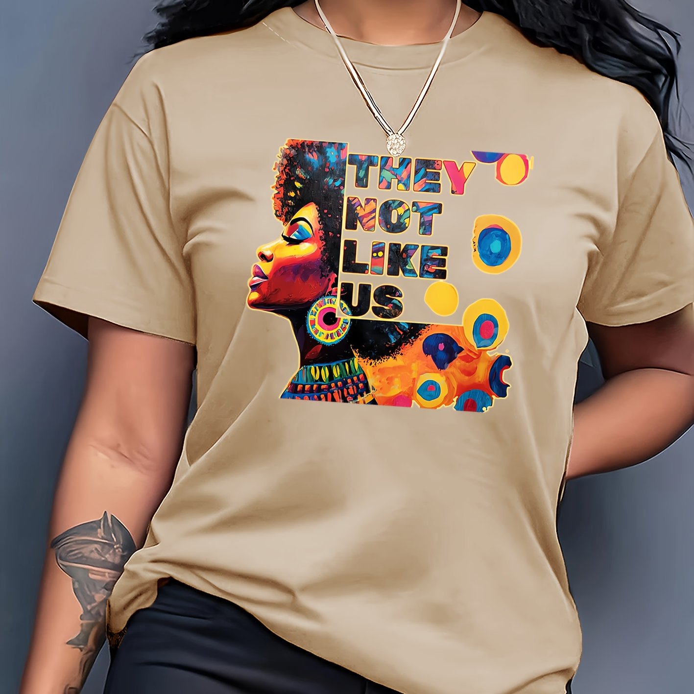 TEMU Women' Casual Short-sleeve T-shirt With Lettering & Earring Graphic - Round Neck Blouse For Casual Attire, Medium-stretch Fabric (machine Washable) - - Casual Outfit Essential - Non-