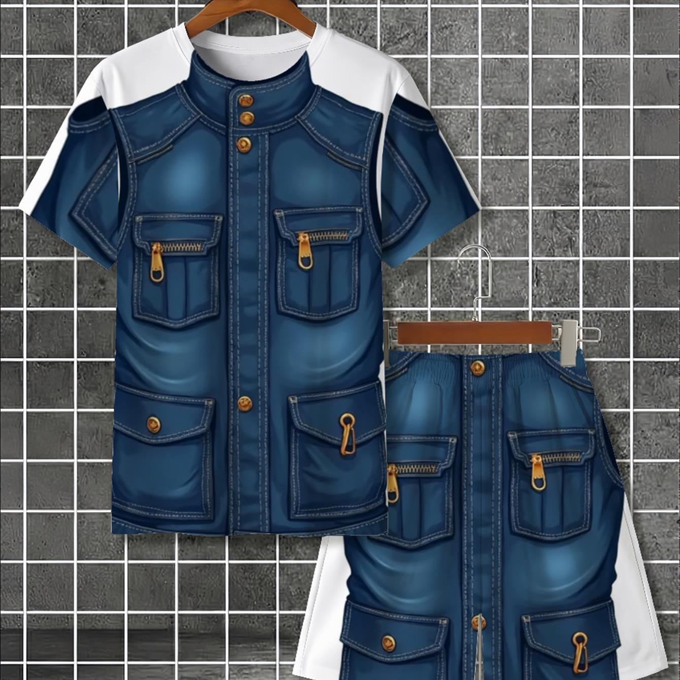 Men's Casual Summer Two-piece Set, Short-sleeve T-shirt And Shorts, And Practical Vest Pattern Print, Lightweight Breathable Fabric, Loose Fit, Suitable For Outdoor Leisure And Street Style
