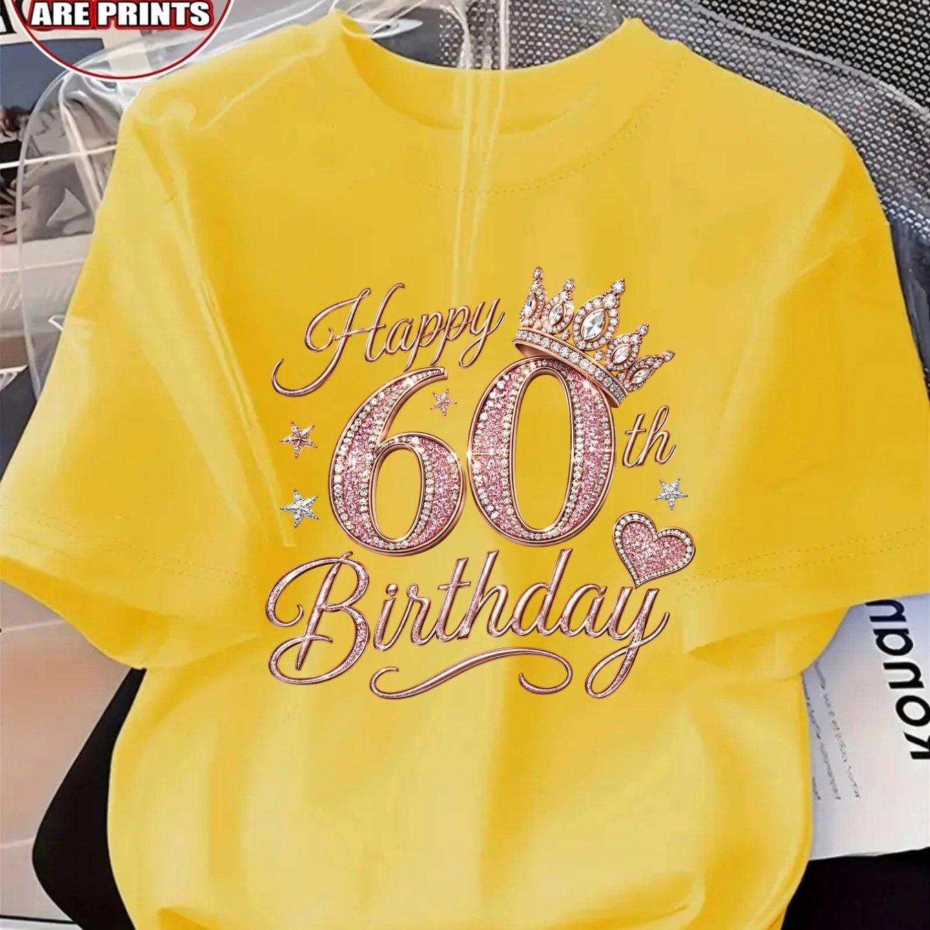 TEMU Women's Fashion Printed T-shirt Celebrating 60th Birthday Crown And Embellished Design Round Neck Short Sleeve T-shirt Comfortable Breathable