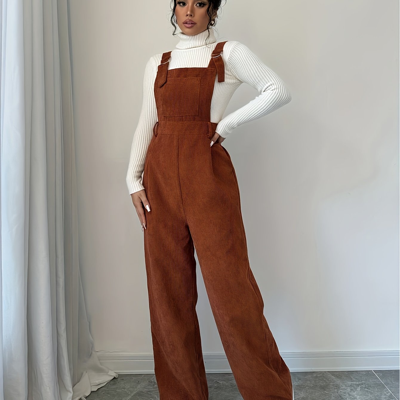 Image of Women' Color Wide Strap Minimalist Suspender Corduroy Jumpsuit For Casual Casual Attire