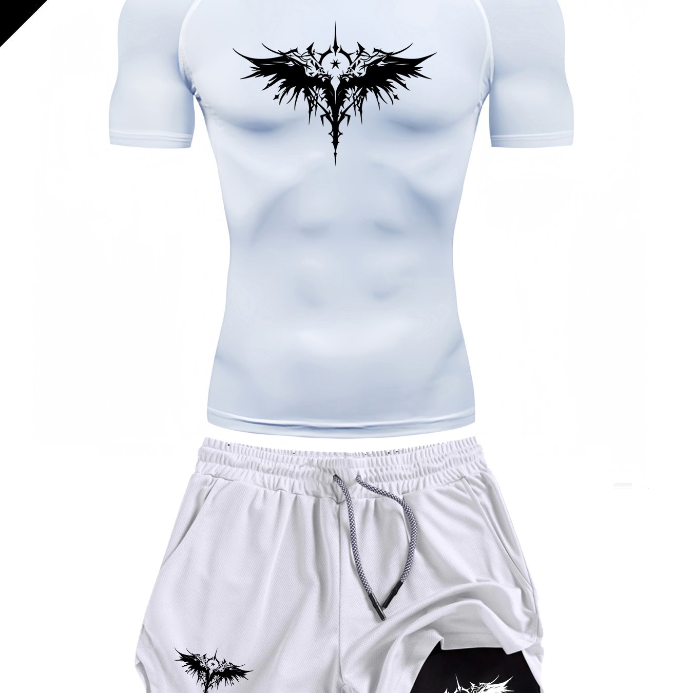 TEMU Men's 2pcs Sports T-shirt And Shorts Set, Wing Pattern Print Design, Breathable Quick-dry Polyester Knit Fabric, Crew Neck, Short Sleeve, Slim