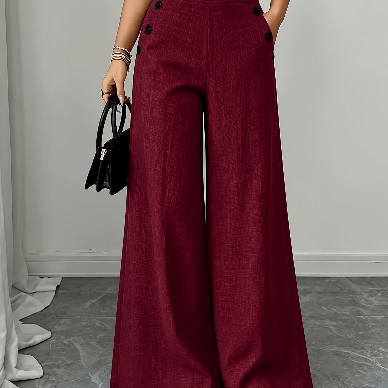 TEMU Ladies' High Waisted Wide Leg Pants With Side Button Decorations, Loose Floor Length Pants, Elegant Commuting And Casual, Soft And Lightweight