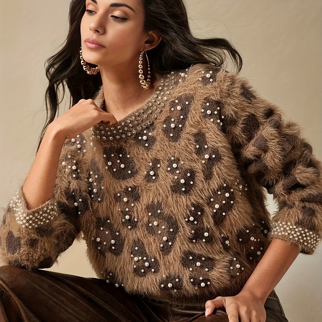 Casual Round Neck Diamond Leopard Print Loose Pullover Beaded Fluffy Sweater For Women