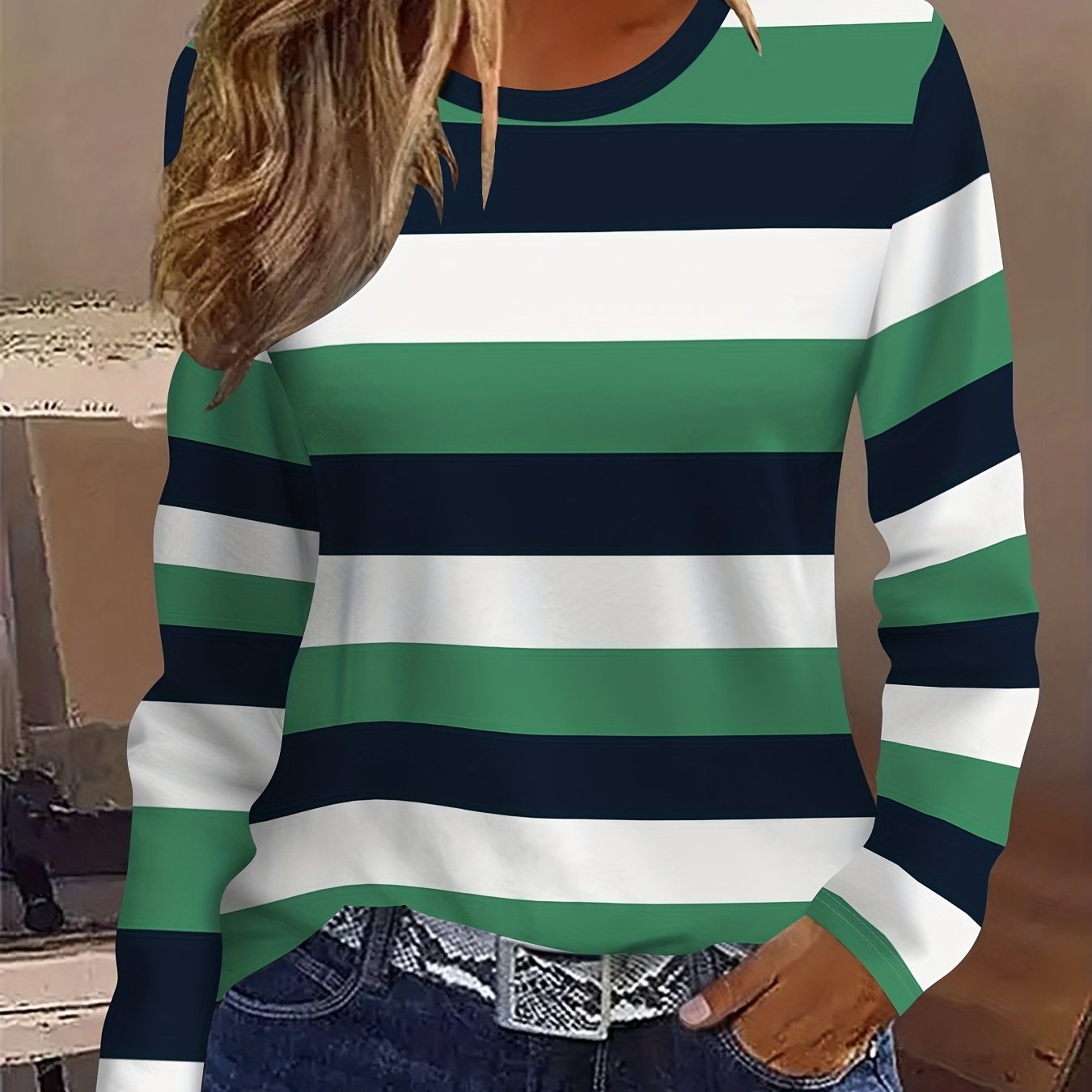 TEMU 2d Elegant Vacation Abstract Painting Blue White Green Tricolor Color Block Striped Graphic Print Breathable Round Neck Long Sleeve T-shirt