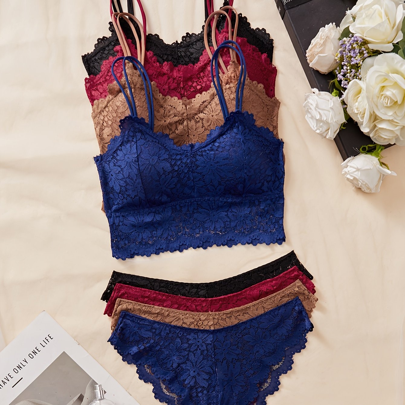 TEMU 8pcs Four- Lace Backless Casual Elegant Lingerie Set