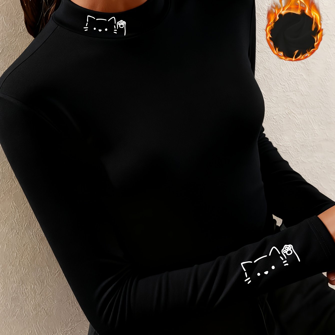 TEMU Women's Half-turtleneck Long-sleeve Slim-fit Thermal Base Layer Top With Popular Trendy Cat Print, New Autumn/winter Casual Stylish -lined Warm