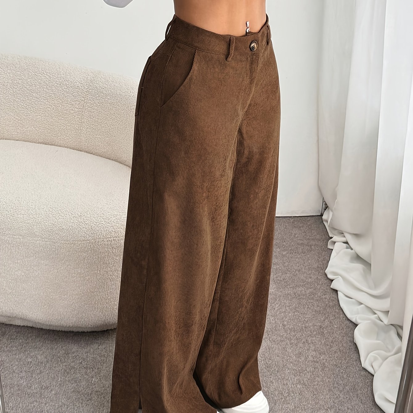 TEMU Elegant Solid Velvet Side-slit Straight Long Trousers