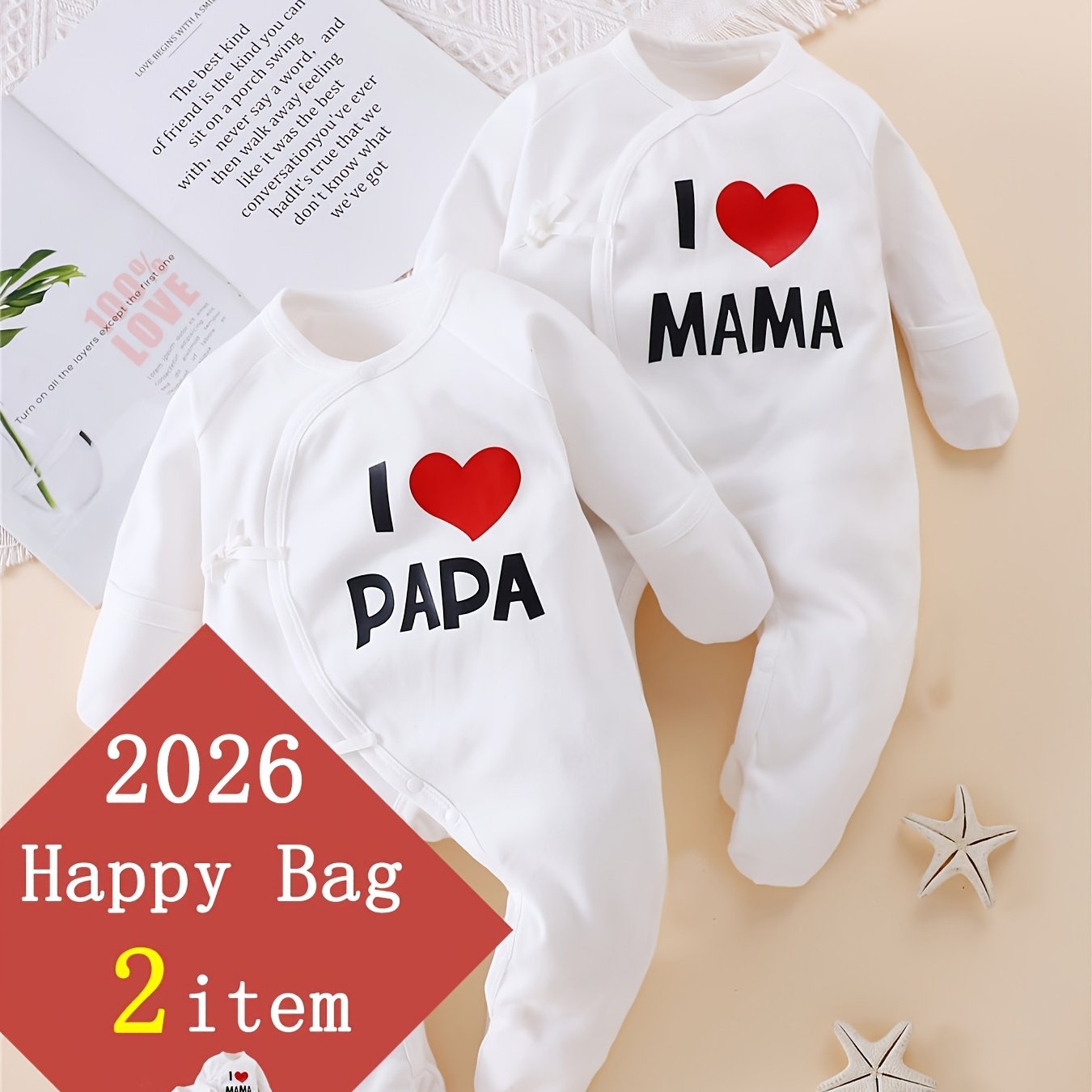 2pcs Baby Bodysuit "love Dad Love Mom" Sleeveless Footed Romper, Perfect For Outdoor