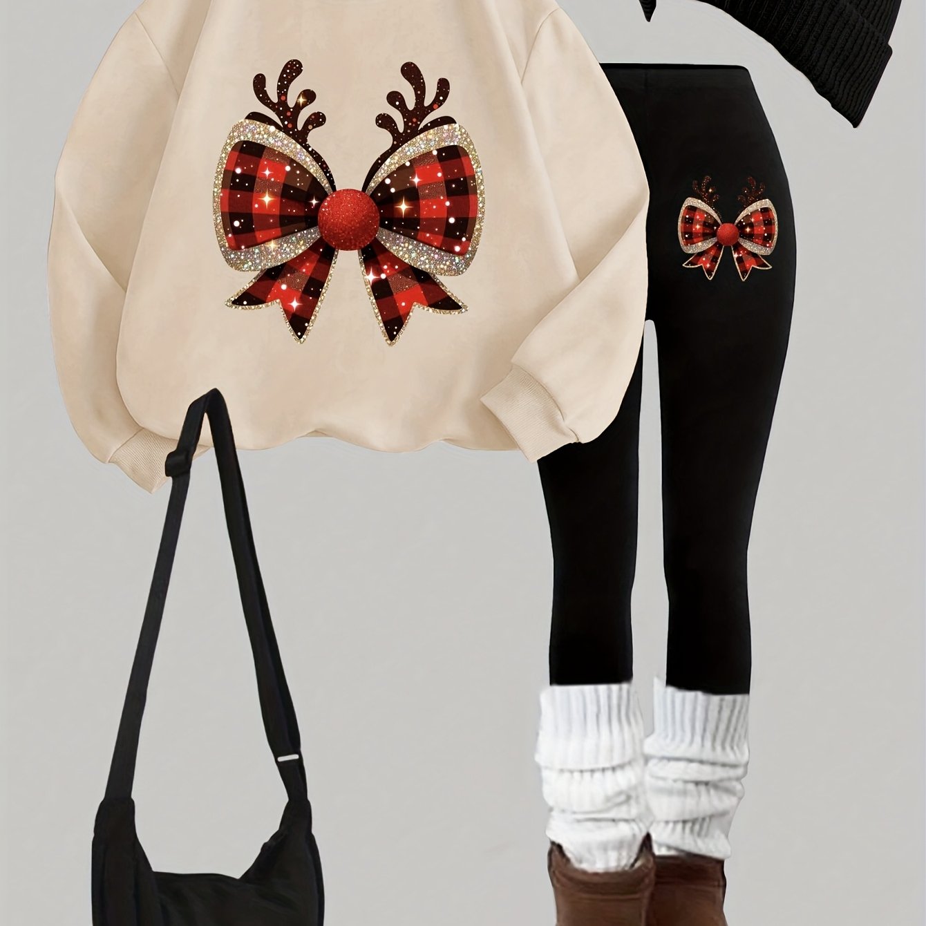 TEMU 0926gwen, 1 Set Of Casual Women's Sweatshirt Suit 2pcs Set, Christmas Print, Round Neck Long-sleeved Sweatshirt, Long Leggings, Worn Alone Or As
