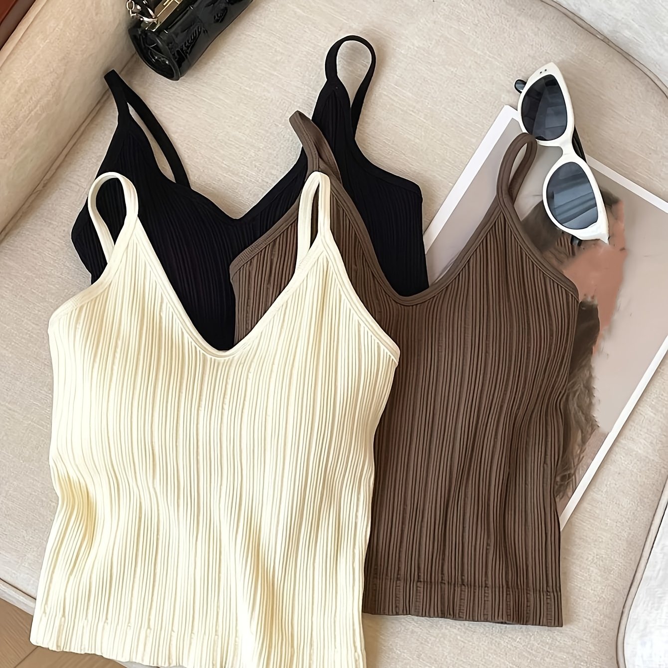 Image of 3pcs Set Of Spring And Summer Style With Chest Pad, Inner And Outer Wear, Beautiful Back V-neck Suspender Vest, Women's Base Sleeveless Top
