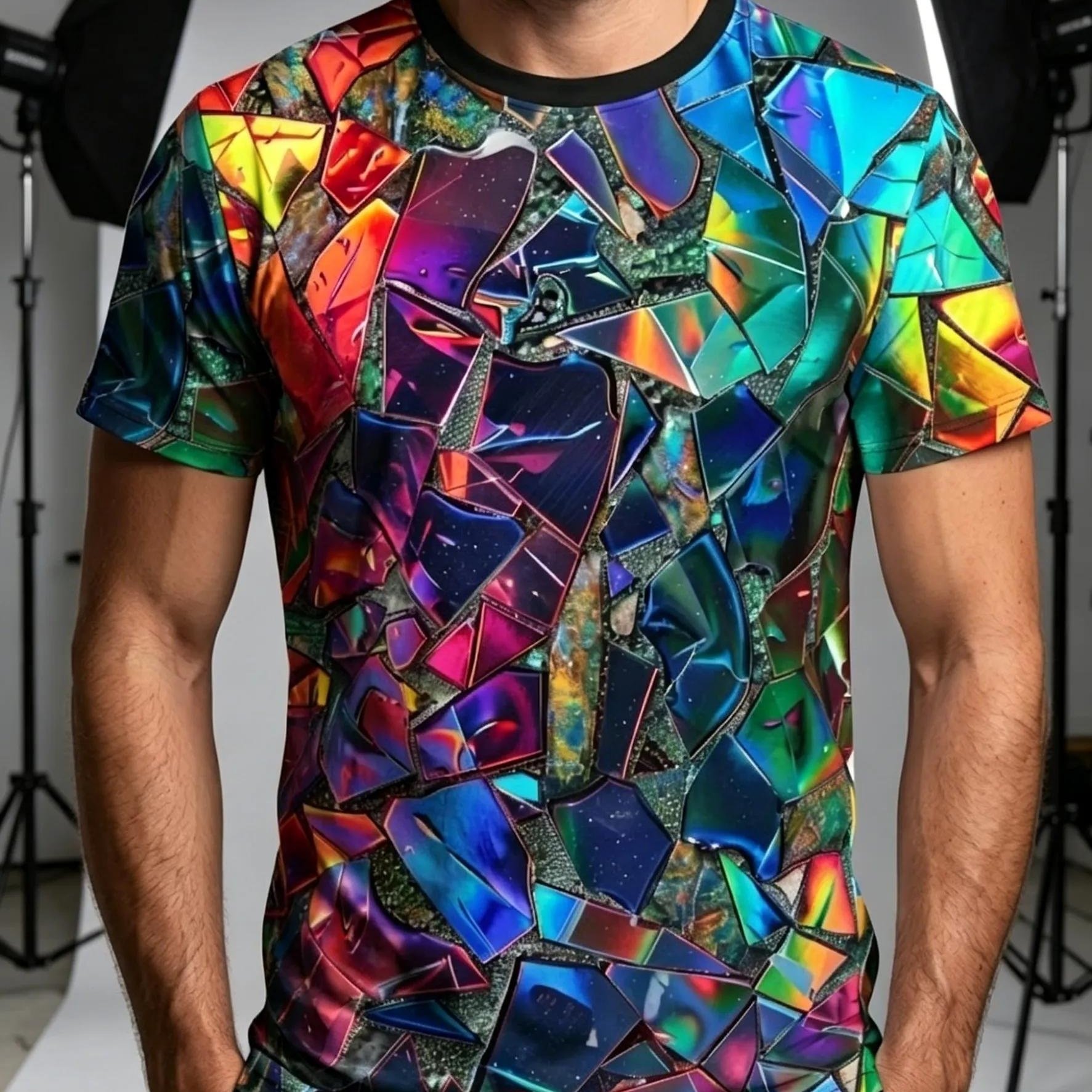 TEMU Men's Holographic Print T-shirt, All Over Colorful Abstract Tee, Casual Short Sleeve Crew Neck [printed Design - Not Textured]