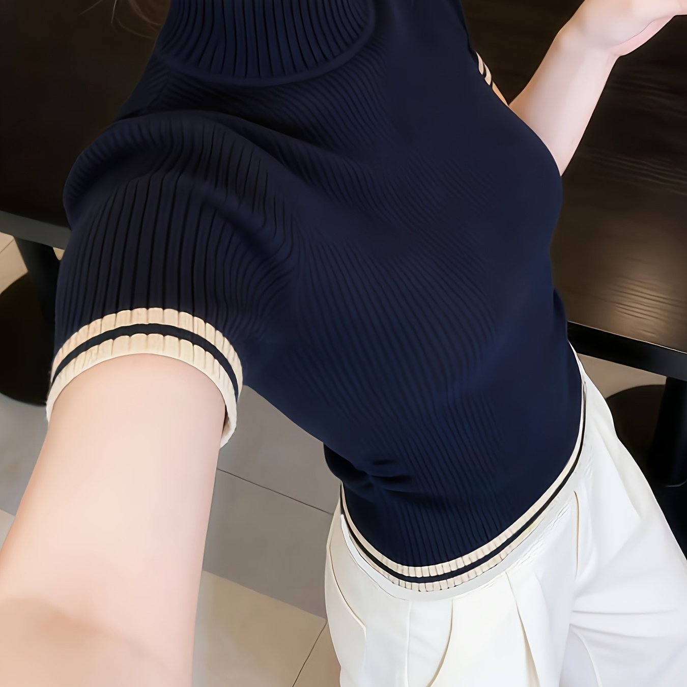 TEMU High-end European Style Mock Neck Short-sleeved Base Shirt Women's Spring, Summer And Autumn Slim-fit T-shirt Black Striped Top