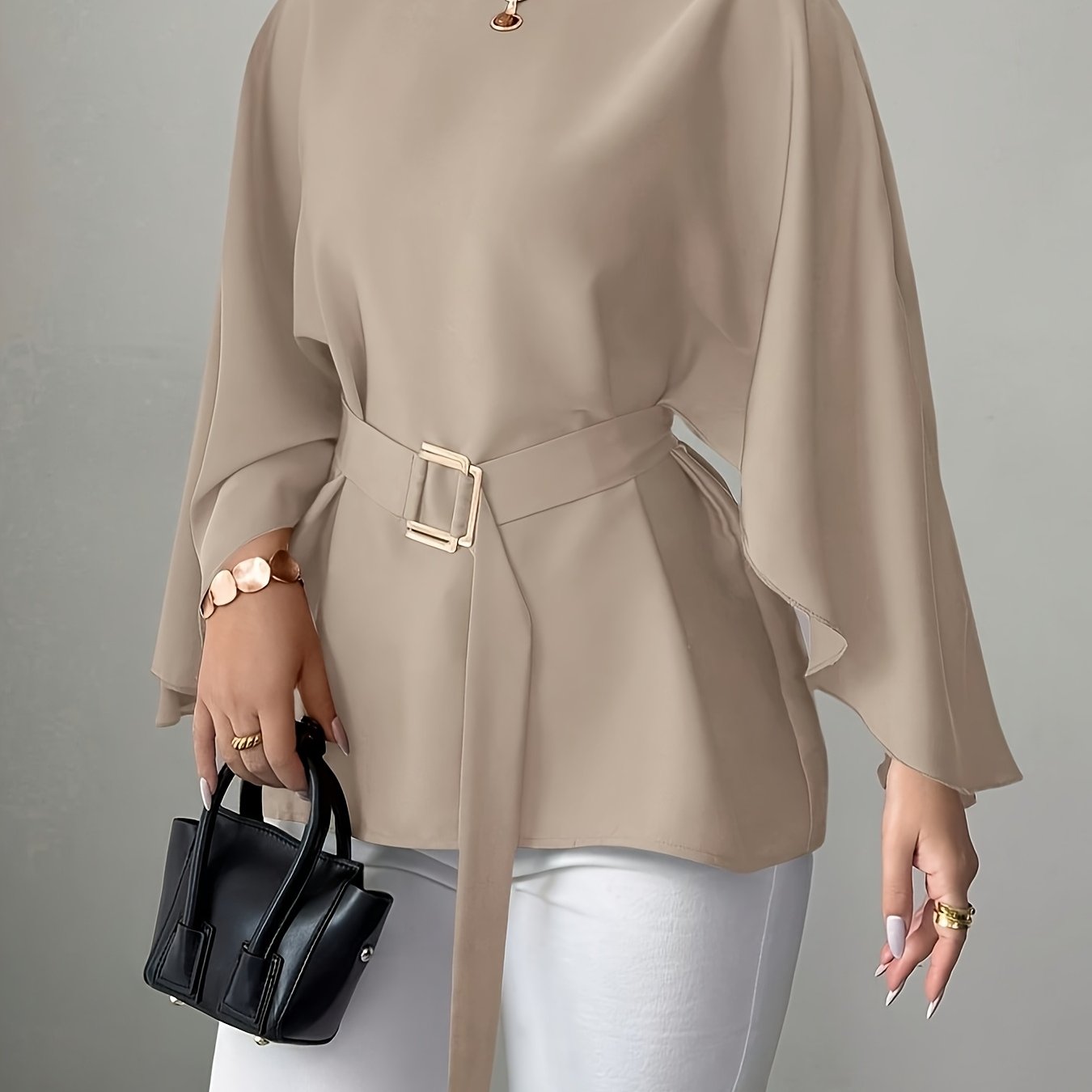 TEMU Plus Size, Women's Round Neck Batwing Sleeve Shirt With Waist Tie