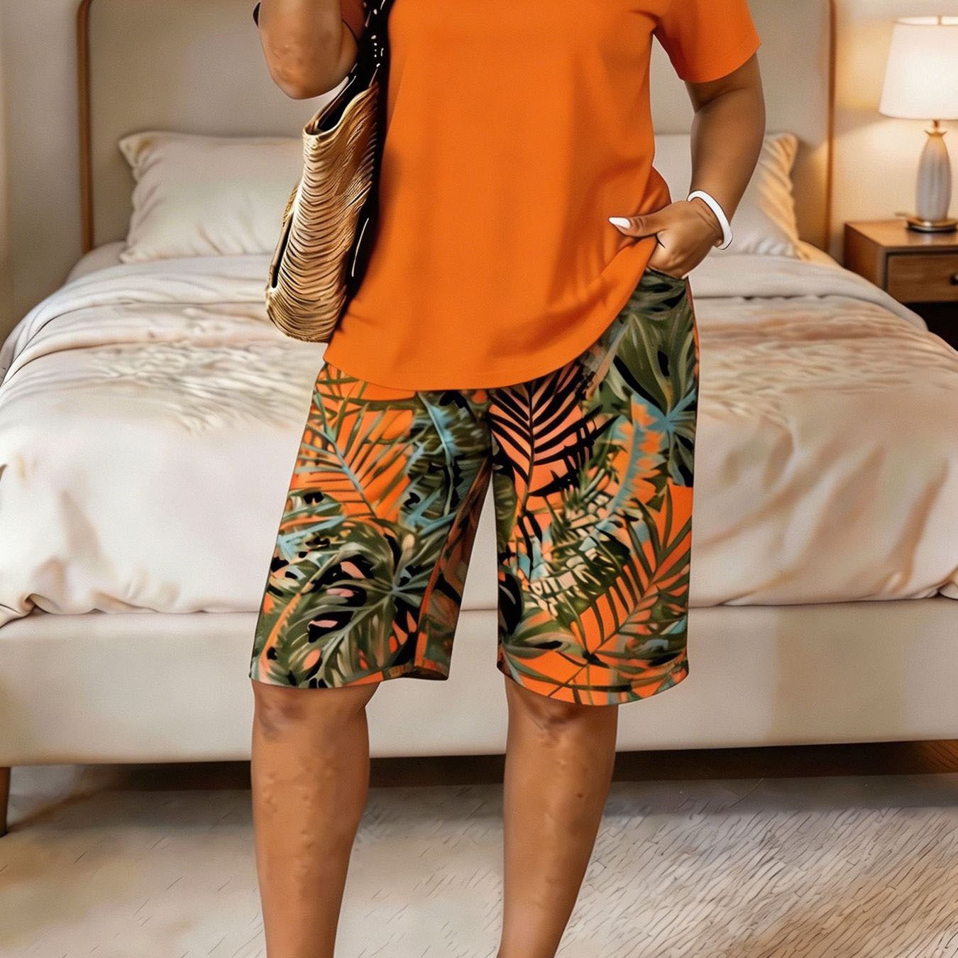 TEMU Women's Summer Clothing Women's Clothing With Banana Leaf Print, Featuring Large Leaves With Distinct Veins, A Loose-fitting Short-sleeved Top