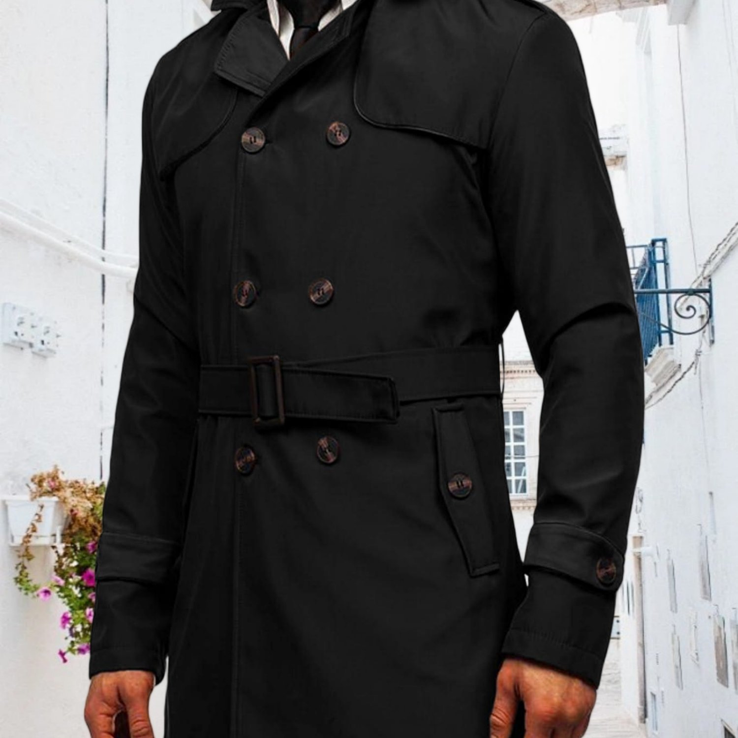 Men's Trench Coat Slim Fit Double Breasted Notched Lapel Belted Windbreaker Long Jacket Casual Windproof Overcoat, Plus Size